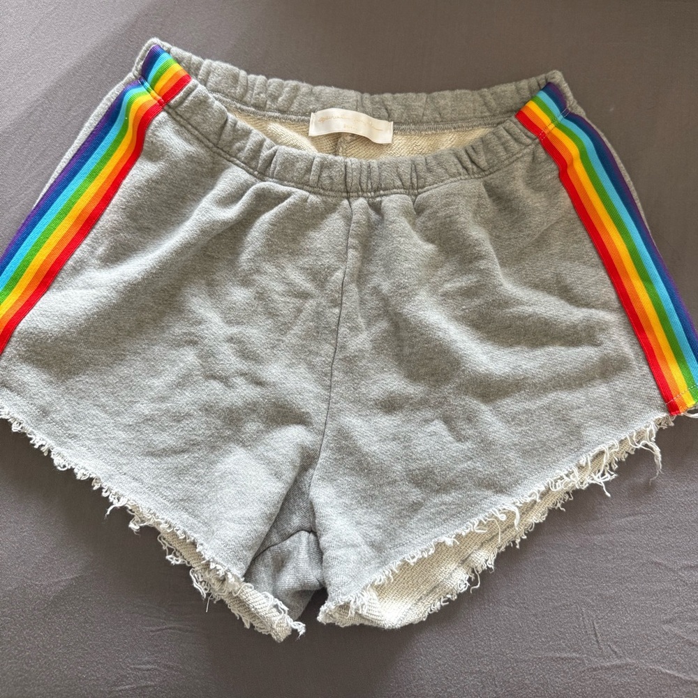 Spiritual Gangster Gray Women's Pride Shorts with Rainbow Stripes